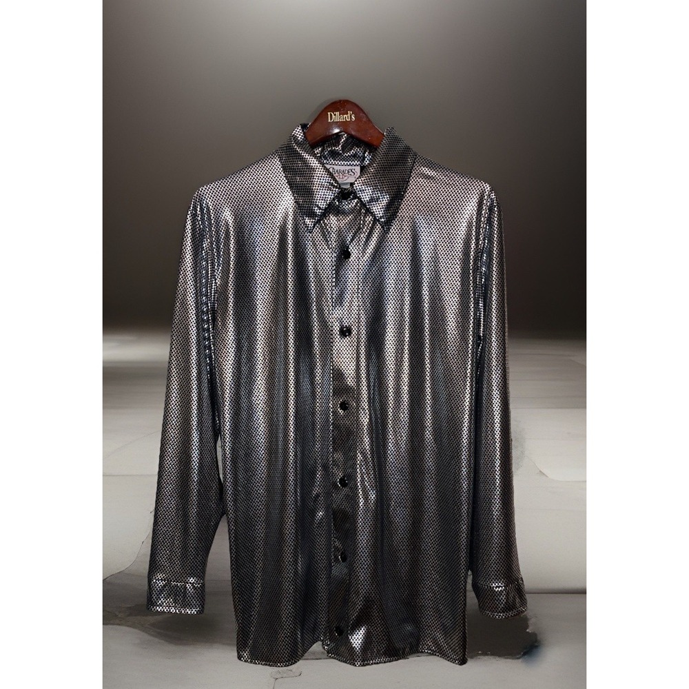 Charades Shirt Adult L Silver Metallic The Nail Head Disco Shirt Events New Year